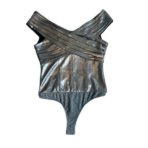 Retrofete Rowan Women’s Pleated Silver Chrome Off The Shoulder Bodysuit Size XS - Picture 13 of 14